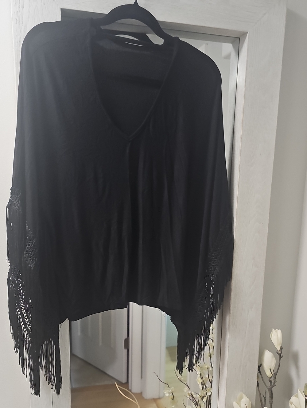 Black Fringe Women's Top, Poncho - Classic V-Neck Pullover